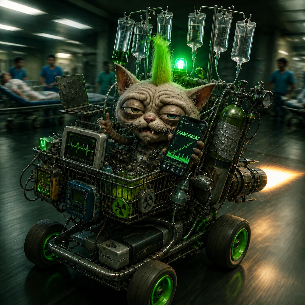 CancerCat driving a rocket-powered hospital equipment cart through a ward